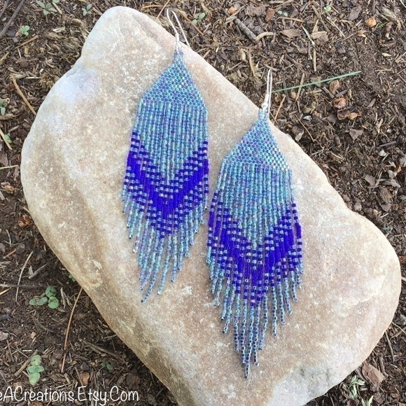 𝅺RAINBOW Gunmetal and Navy Beaded Earrings with Fringe - Picture 7 of 10